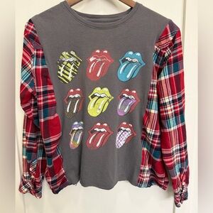 The Rolling Stones Gray and Red Plaid Upcycled Long Sleeve Tee